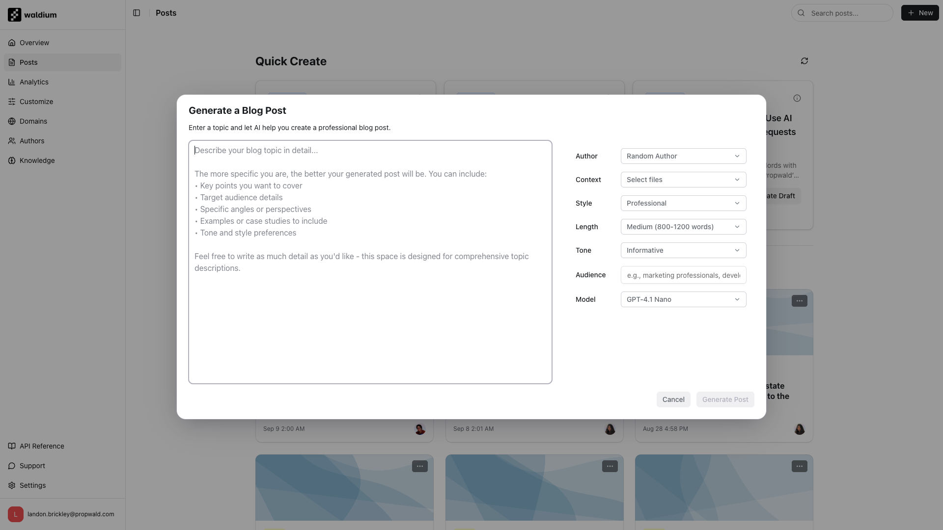 Screenshot of the content generation modal showing style, tone, and length options